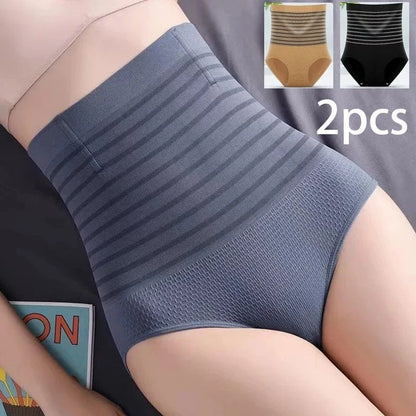 2pcs Women No Trace High Waist Shaping Briefs Body Shaper Slimming Underwear Butt Lifter Control Panties Stripe Shapewear Pants - A-1 Thread Vault