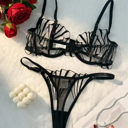 2pcs Women's Bra Set Sexy Lace Mesh Lingerie Set Ultra Thin Breathable Comfortable Lightweight Scallop Transparent Lingerie Set - A-1 Thread Vault