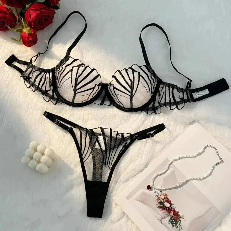 2pcs Women's Bra Set Sexy Lace Mesh Lingerie Set Ultra Thin Breathable Comfortable Lightweight Scallop Transparent Lingerie Set - A-1 Thread Vault