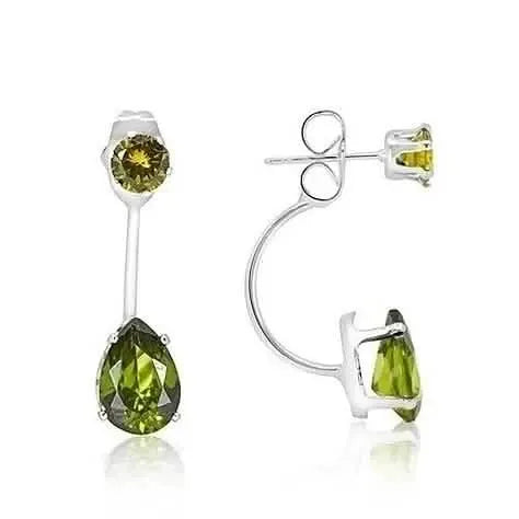 3 Carat Elegant Sterling Silver Green Tear Drop Elements Hanging Stud Earrings - A-1 Thread Vault
