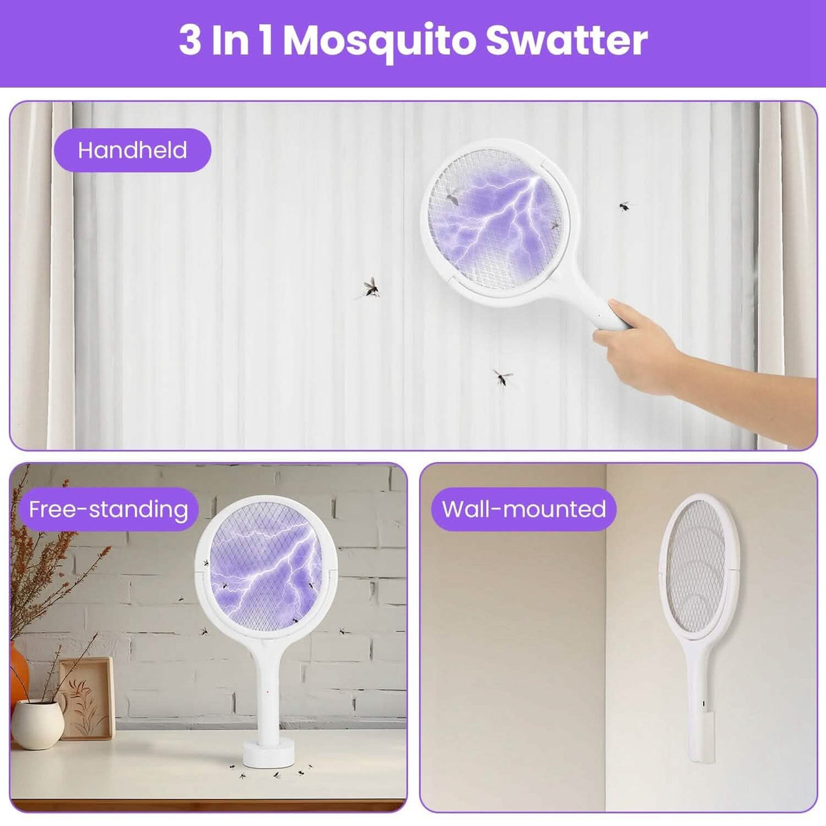 3-in-1 90º Rotating Electric Bug Zapper Racket - A-1 Thread Vault