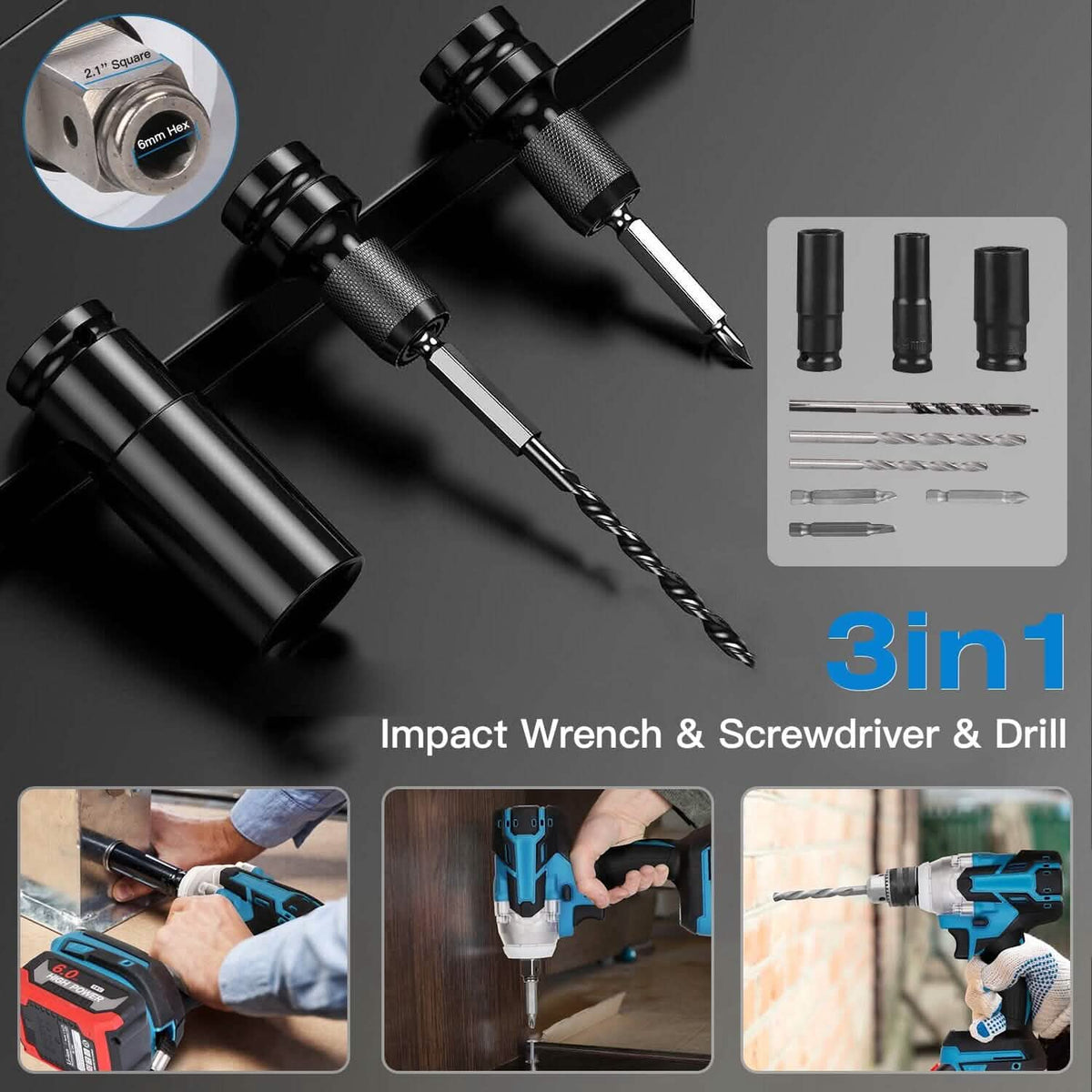 3-In-1 Cordless Electric Impact Wrench Drill Screwdriver with Brushless Motor Max 3450RPM Variable Speed - A-1 Thread Vault