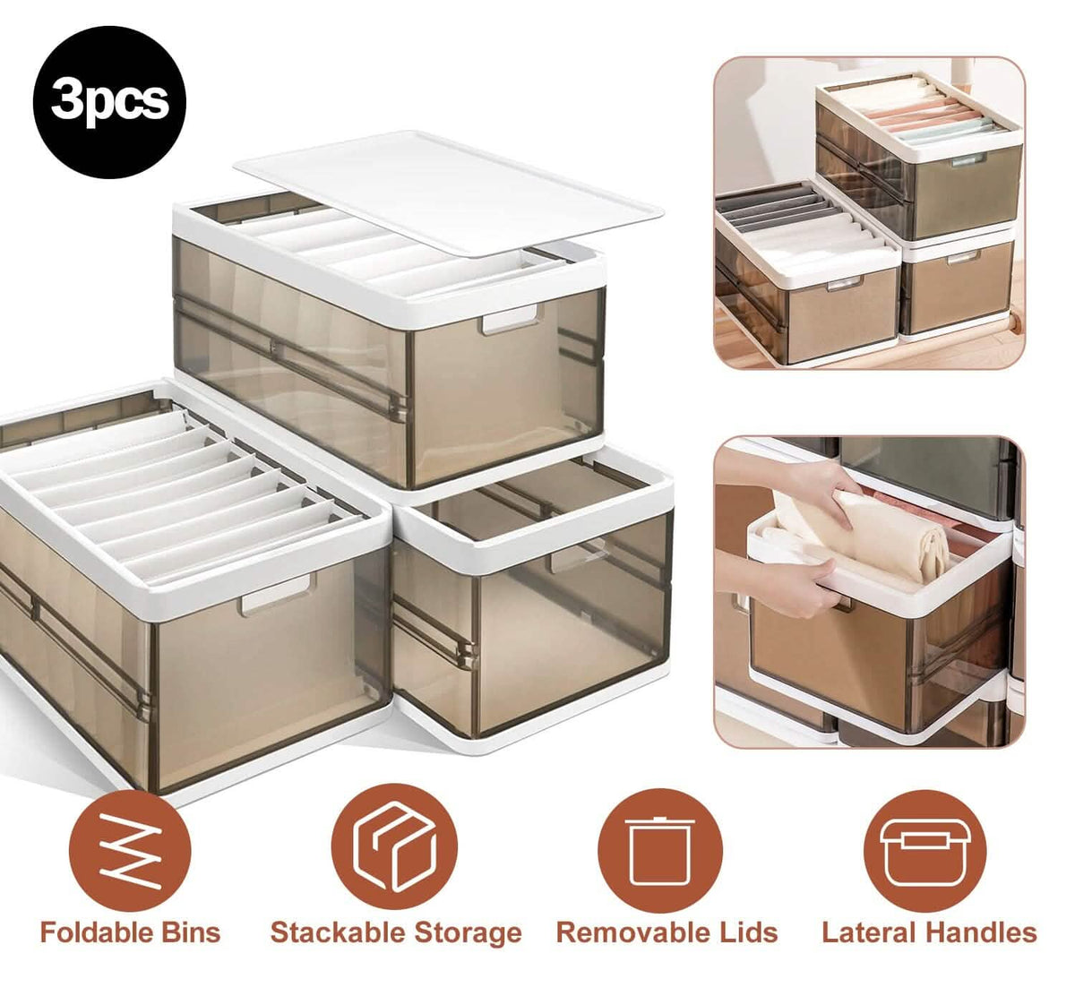 3-Pack: Foldable Storage Bin with Lid Stackable Plastic Closet Organizer - A-1 Thread Vault