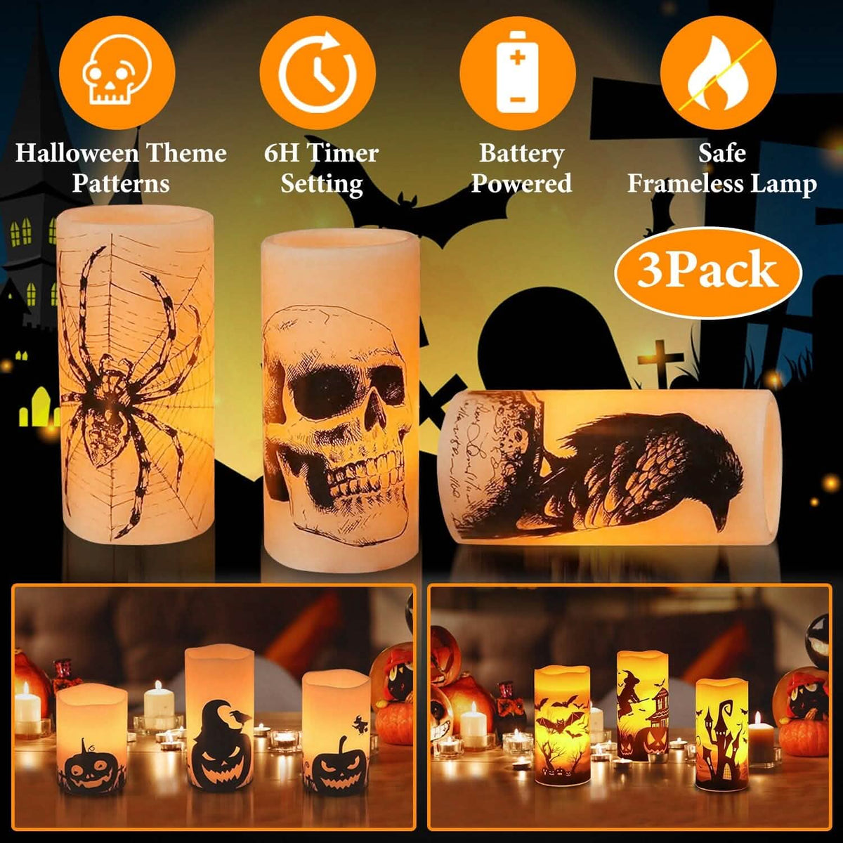 3-Pack: Halloween Battery Operated Flameless Candle Lamp with Timer Setting - A-1 Thread Vault