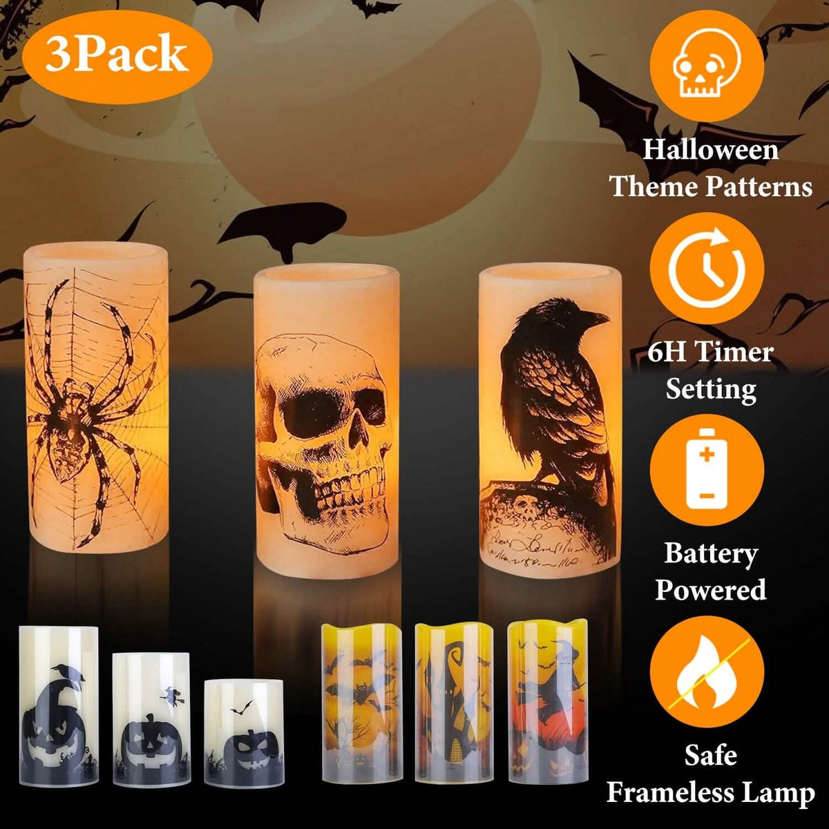 3-Pack: Halloween Battery Operated Flameless Candle Lamp with Timer Setting - A-1 Thread Vault
