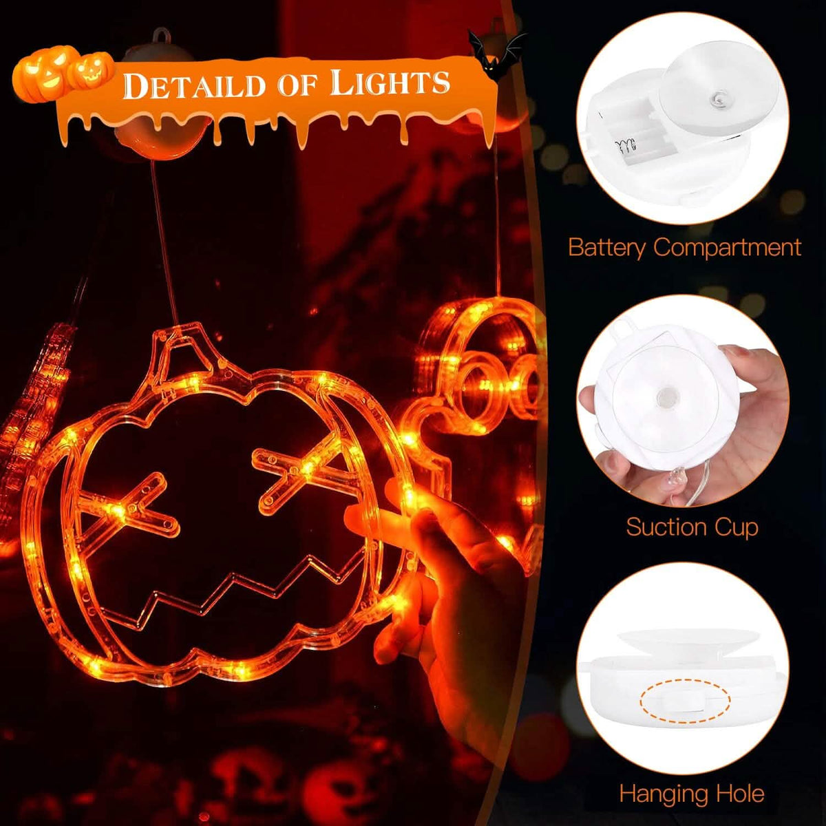3-Pack: Halloween Window Light with Suction Cup Hanging Holes - A-1 Thread Vault