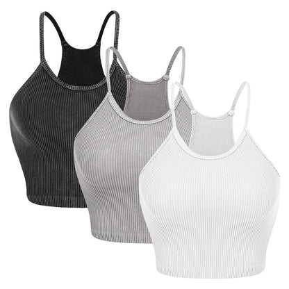 3-Pack: Women Crop Basic Tank Top Ribbed Knit Sleeveless - A-1 Thread Vault