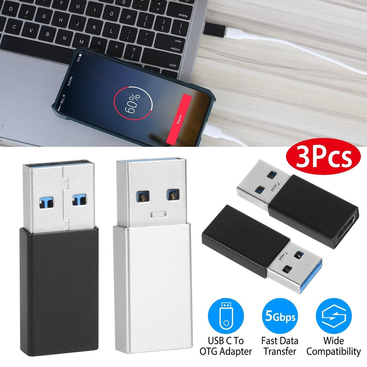 3-Packs: USB Type-C Male to USB A 3.0 OTG Male Port Converter - A-1 Thread Vault