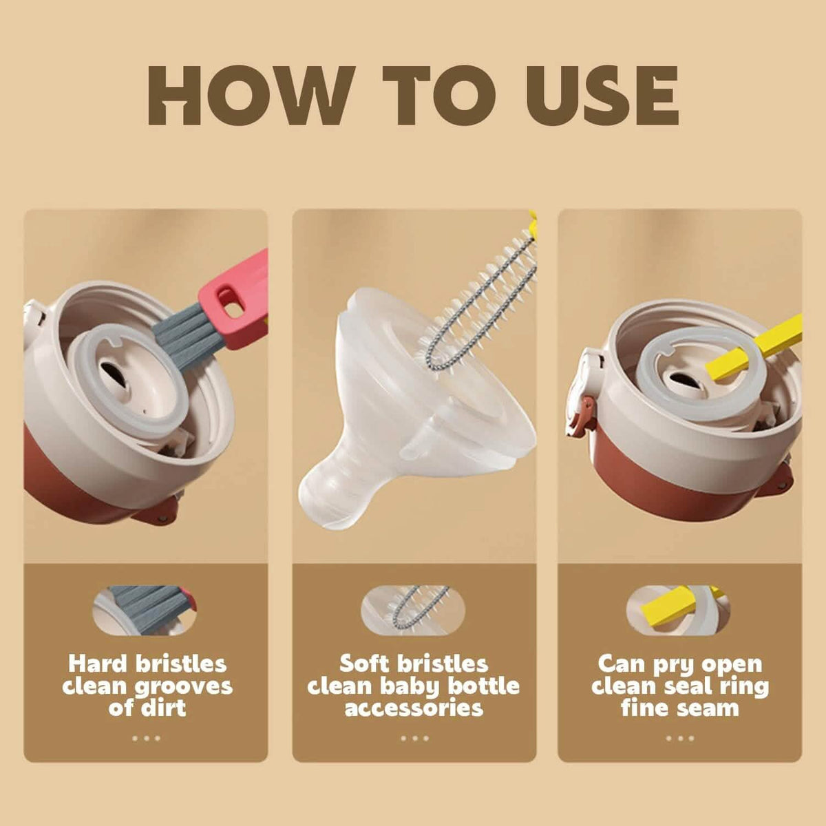 3-Piece: 3-in-1 Petal Cup Lid Cleaning Brush - A-1 Thread Vault