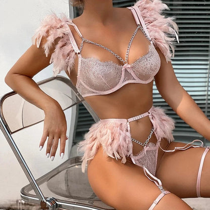 3-Piece Feather Decorated Lace Exotic Sets Women Sexy Patchwork Lingerie Set Chain Bra Panty Garter Underwear Kit For Female - A-1 Thread Vault