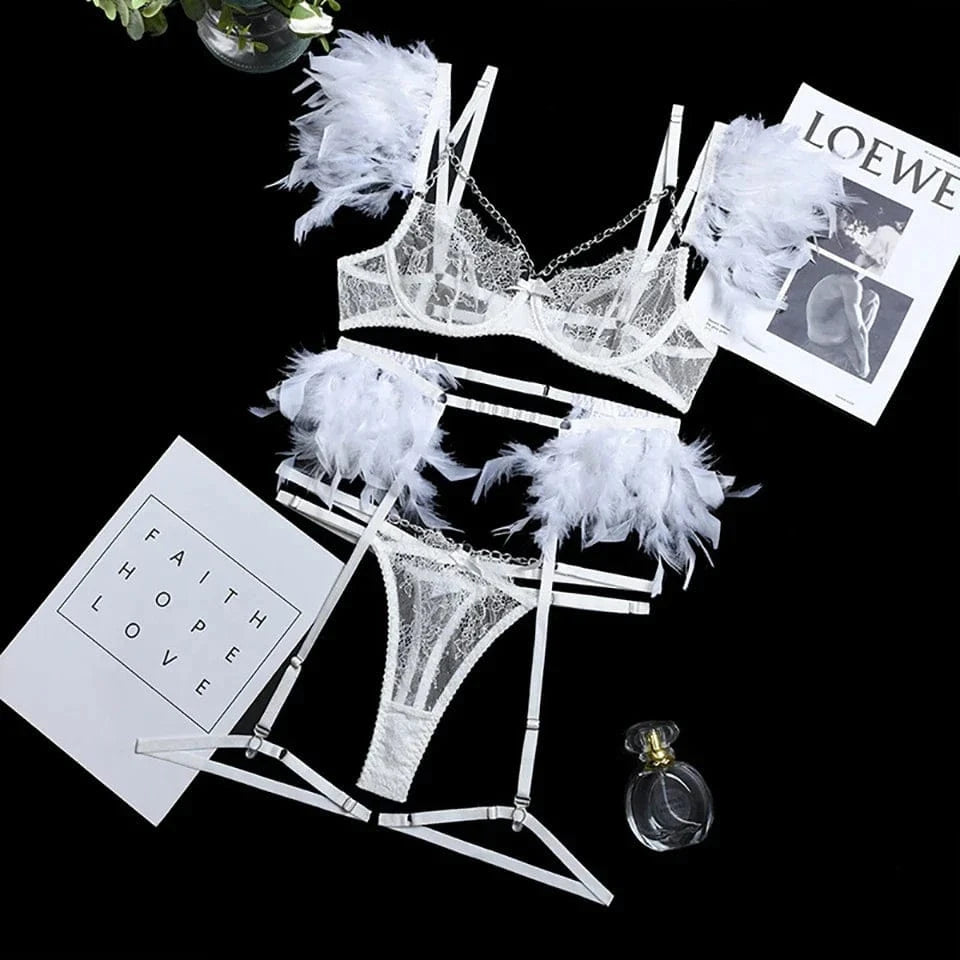 3-Piece Feather Decorated Lace Exotic Sets Women Sexy Patchwork Lingerie Set Chain Bra Panty Garter Underwear Kit For Female - A-1 Thread Vault