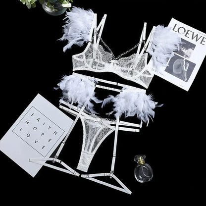 3-Piece Feather Decorated Lace Exotic Sets Women Sexy Patchwork Lingerie Set Chain Bra Panty Garter Underwear Kit For Female - A-1 Thread Vault