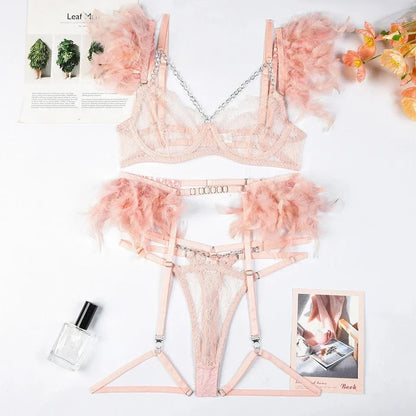 3-Piece Feather Decorated Lace Exotic Sets Women Sexy Patchwork Lingerie Set Chain Bra Panty Garter Underwear Kit For Female - A-1 Thread Vault