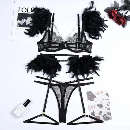 3-Piece Feather Decorated Lace Exotic Sets Women Sexy Patchwork Lingerie Set Chain Bra Panty Garter Underwear Kit For Female - A-1 Thread Vault