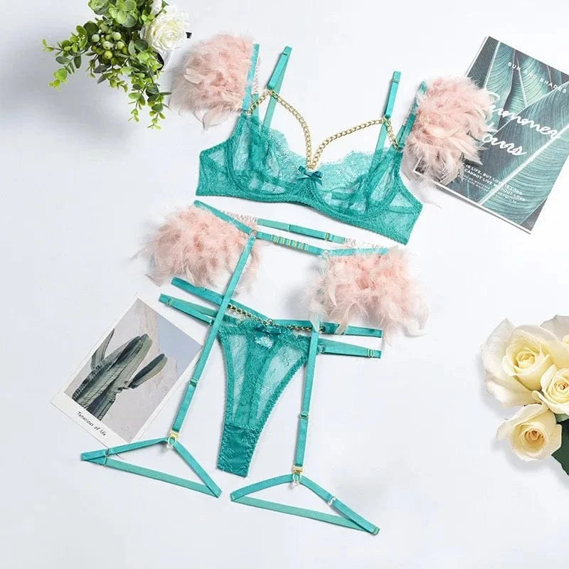 3-Piece Feather Decorated Lace Exotic Sets Women Sexy Patchwork Lingerie Set Chain Bra Panty Garter Underwear Kit For Female - A-1 Thread Vault