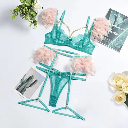 3-Piece Feather Decorated Lace Exotic Sets Women Sexy Patchwork Lingerie Set Chain Bra Panty Garter Underwear Kit For Female - A-1 Thread Vault