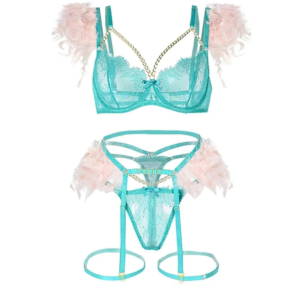 3-Piece Feather Decorated Lace Exotic Sets Women Sexy Patchwork Lingerie Set Chain Bra Panty Garter Underwear Kit For Female - A-1 Thread Vault