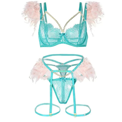 3-Piece Feather Decorated Lace Exotic Sets Women Sexy Patchwork Lingerie Set Chain Bra Panty Garter Underwear Kit For Female - A-1 Thread Vault