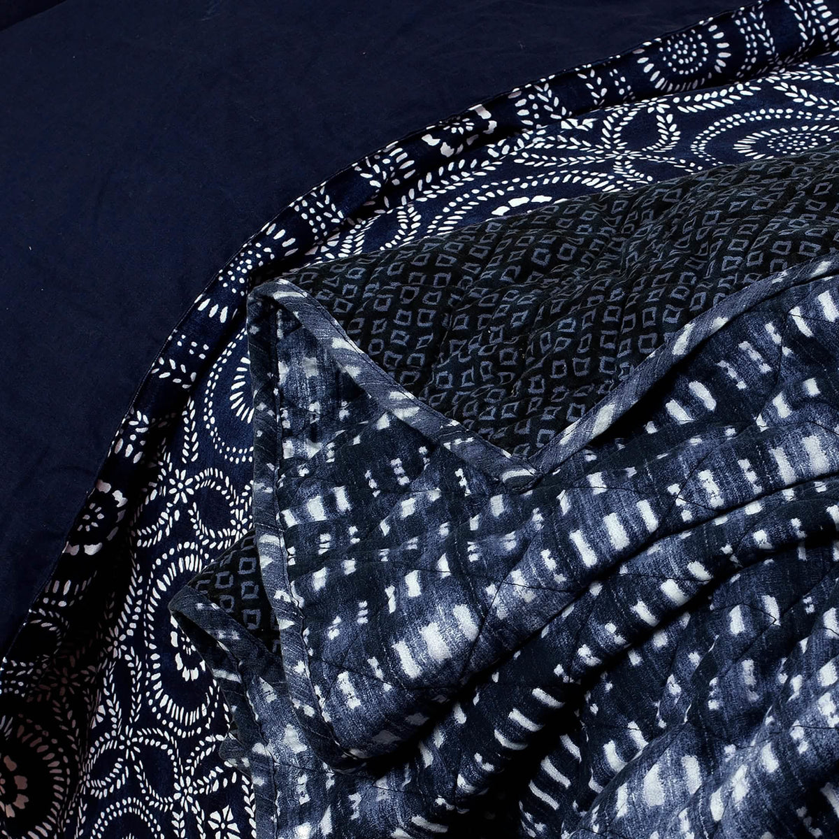 3-Piece: Global Indigo Mudcloth Cotton Quilt Set - A-1 Thread Vault