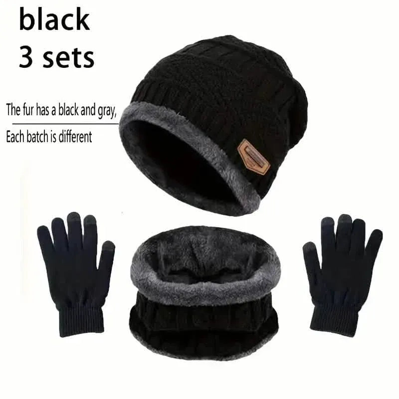 3-Piece Set: Black Knit Hats Warm Beanies Winter Neck Gaiter Elastic Gloves - A-1 Thread Vault