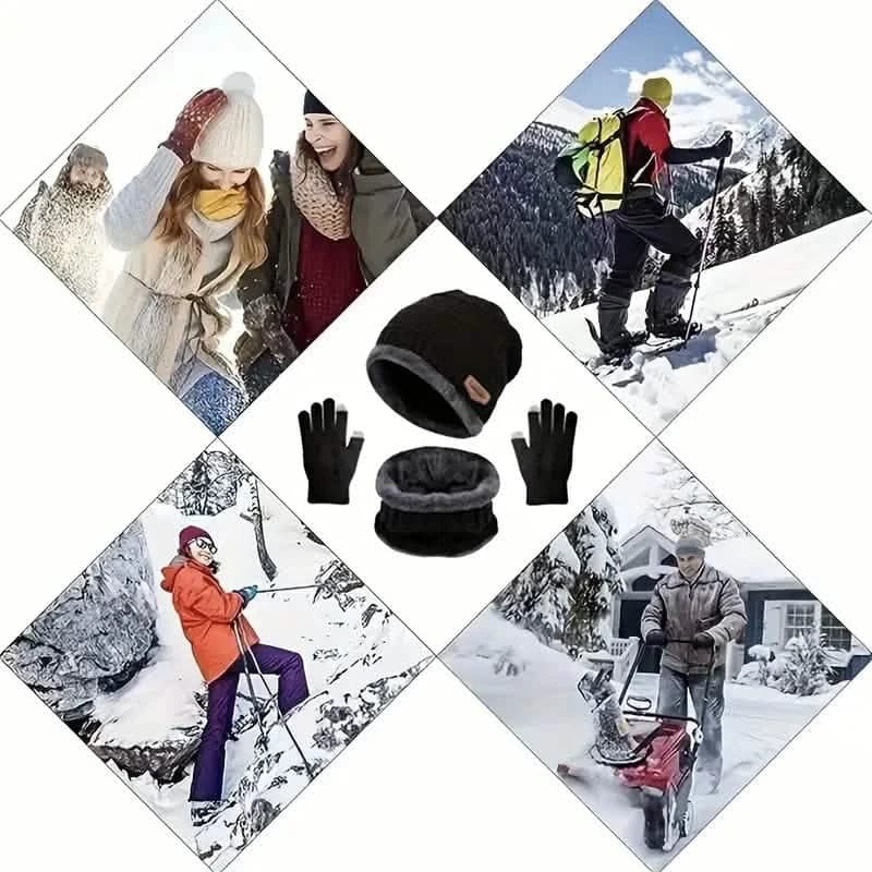 3-Piece Set: Black Knit Hats Warm Beanies Winter Neck Gaiter Elastic Gloves - A-1 Thread Vault