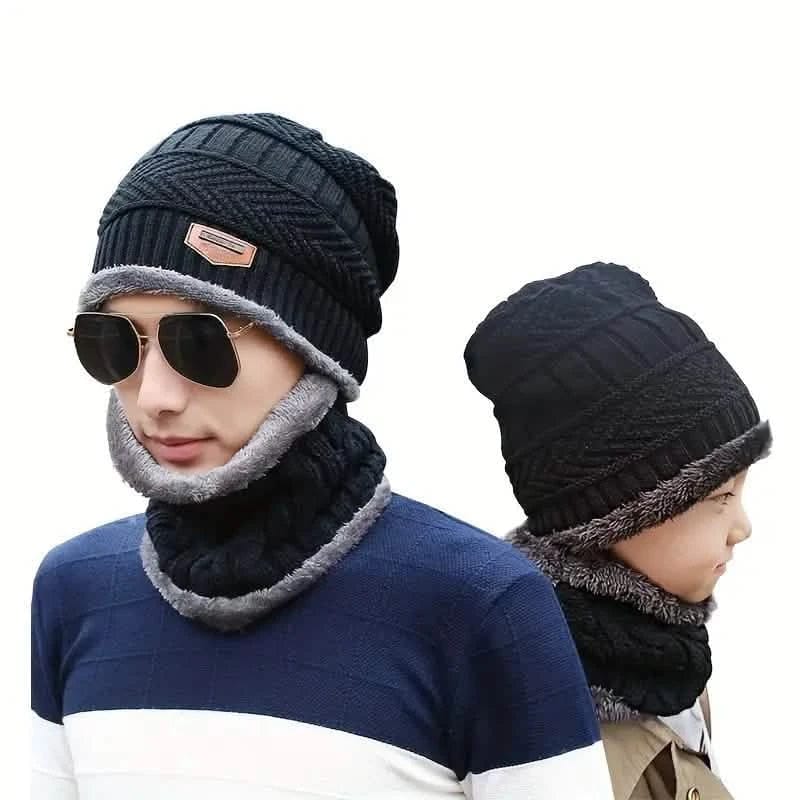 3-Piece Set: Black Knit Hats Warm Beanies Winter Neck Gaiter Elastic Gloves - A-1 Thread Vault