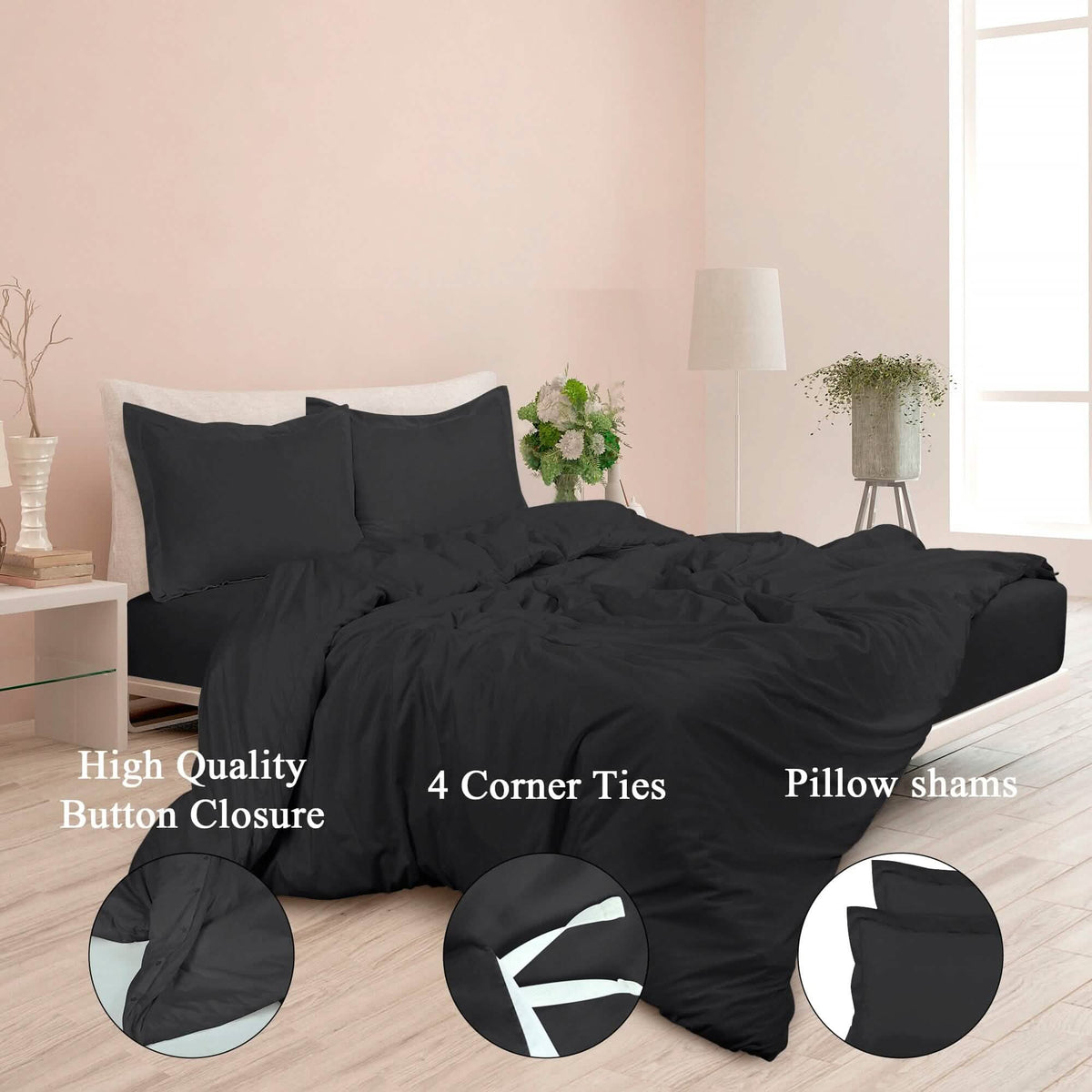 3-Piece Set: Royale Double Brushed Duvet Covers Set With Button Closure & Corner Ties - A-1 Thread Vault