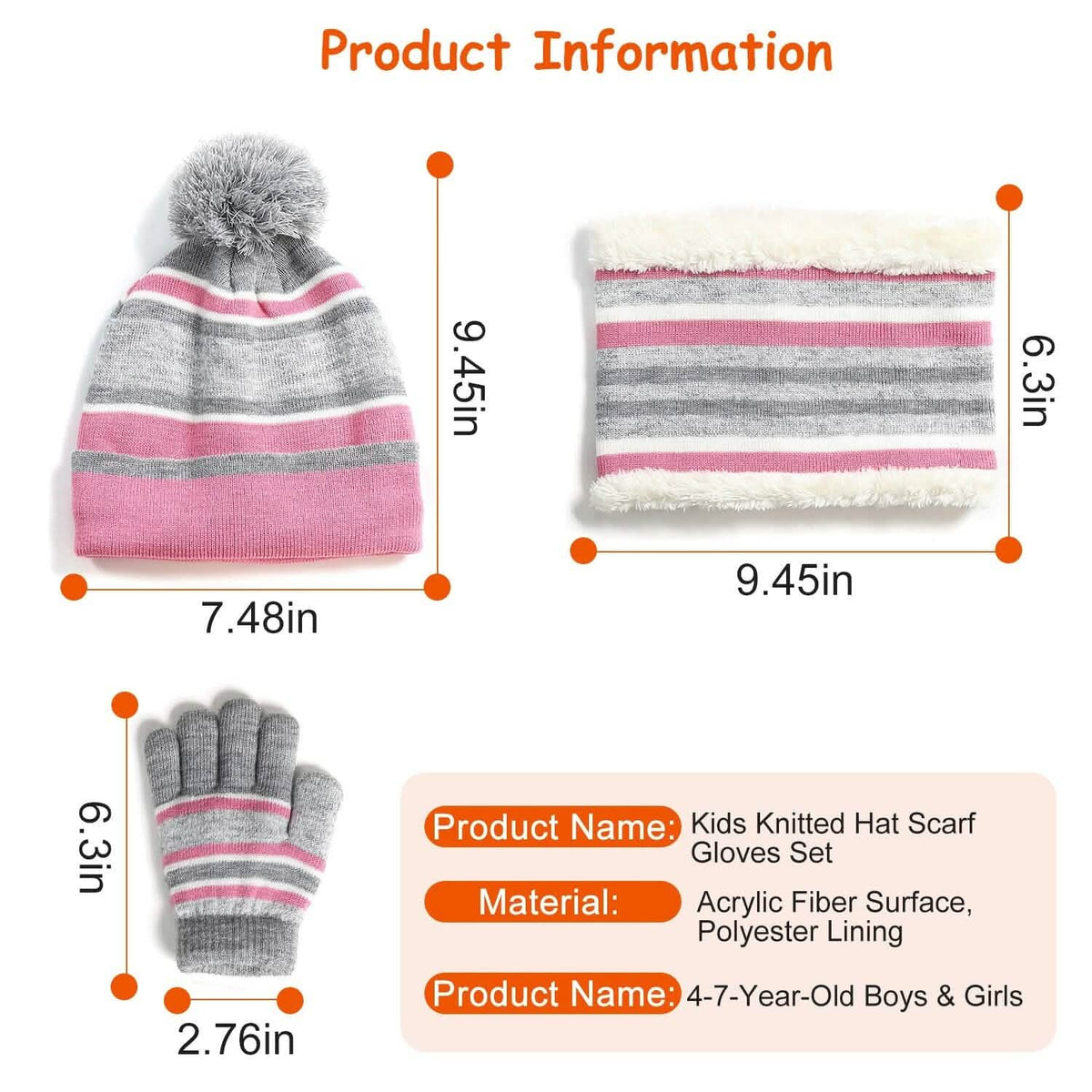 3-Piece Set: Winter Kids Knitted Warm Beanie Hat and Glove for 4-7 Years Old - A-1 Thread Vault