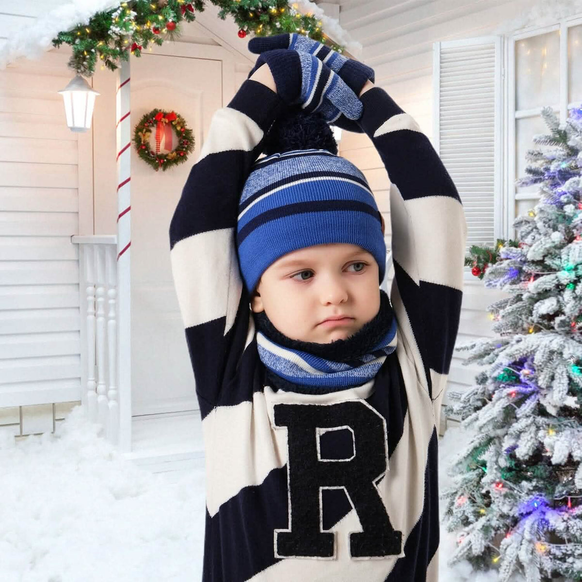 3-Piece Set: Winter Kids Knitted Warm Beanie Hat and Glove for 4-7 Years Old - A-1 Thread Vault