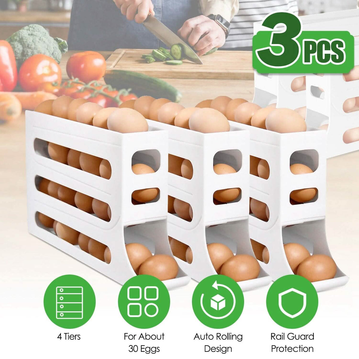 3-Pieces: 4-Tiers Egg Holder Auto Rolling Fridge Egg Organizer - A-1 Thread Vault