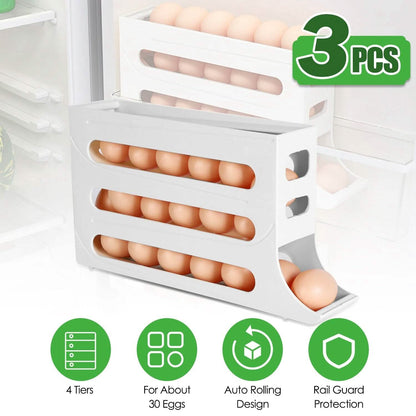 3-Pieces: 4-Tiers Egg Holder Auto Rolling Fridge Egg Organizer - A-1 Thread Vault