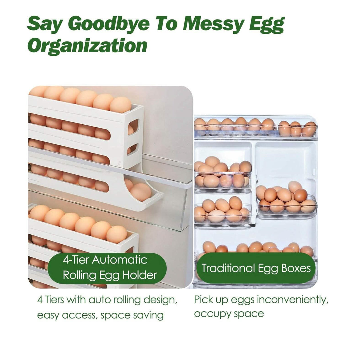 3-Pieces: 4-Tiers Egg Holder Auto Rolling Fridge Egg Organizer - A-1 Thread Vault