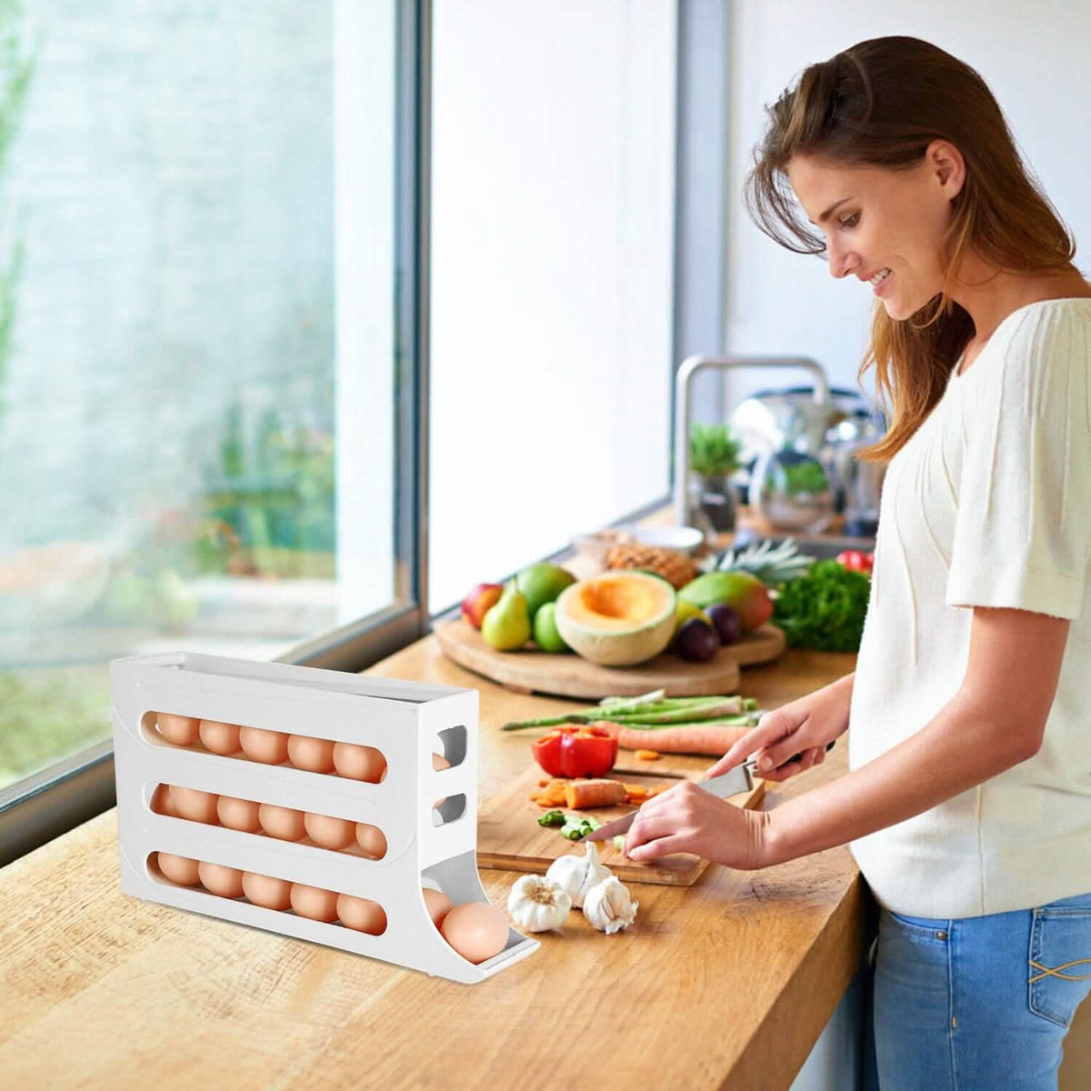 3-Pieces: 4-Tiers Egg Holder Auto Rolling Fridge Egg Organizer - A-1 Thread Vault