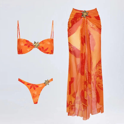 3 Pieces Bikini 2025 Sexy Print Women Swimsuit Swimwear Female Mesh Skirt Bikini Set Beachwear Bathing Suit Swimming Suit - A-1 Thread Vault