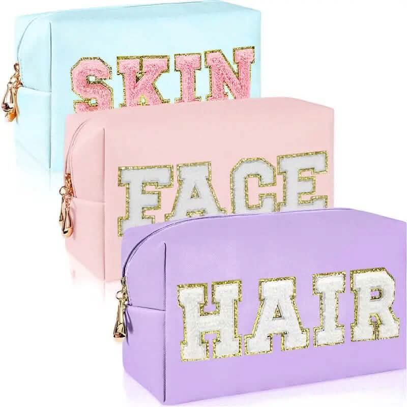 3-Pieces: PU Leather Waterproof Chenille Preppy Makeup Bag - A-1 Thread Vault