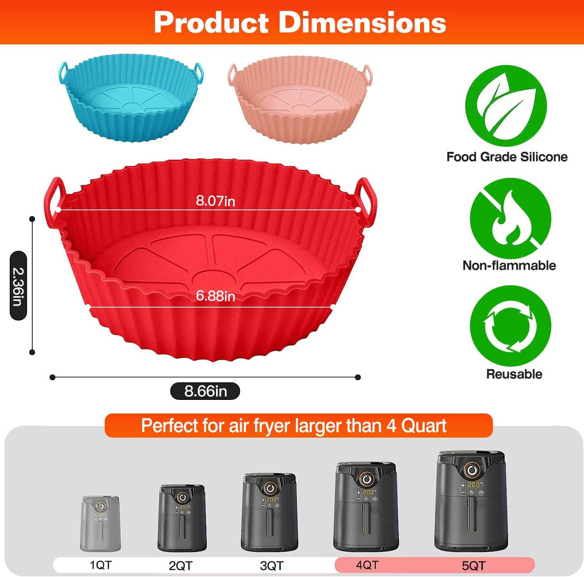 3-Pieces: Reusable Foldable Air Fryer Silicone Pot for 4+ Quart Air Fryer Oven - A-1 Thread Vault