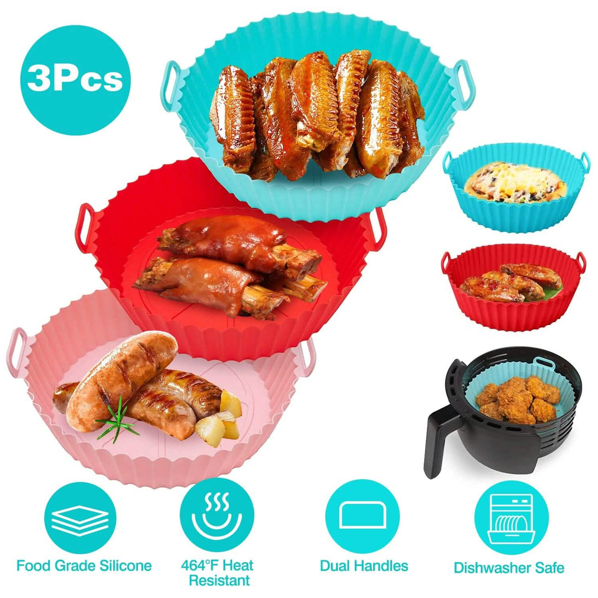 3-Pieces: Reusable Foldable Air Fryer Silicone Pot for 4+ Quart Air Fryer Oven - A-1 Thread Vault