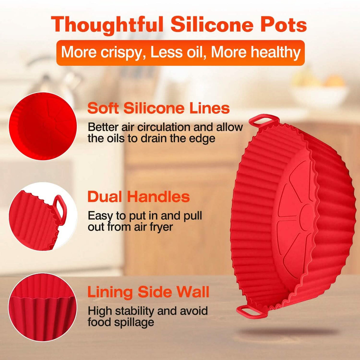 3-Pieces: Reusable Foldable Air Fryer Silicone Pot for 4+ Quart Air Fryer Oven - A-1 Thread Vault