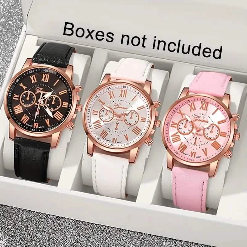3-Pieces: Roman Quartz Women's Watches - Fashionable Round Dial with Faux Leather Strap - A-1 Thread Vault