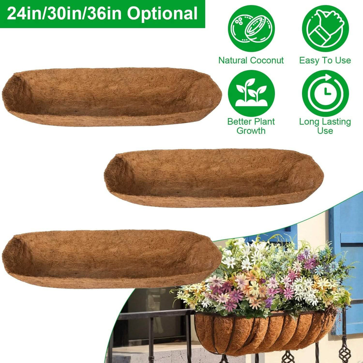 3-Pieces: Trough Coco Basket Half Moon Planter Replacement - A-1 Thread Vault