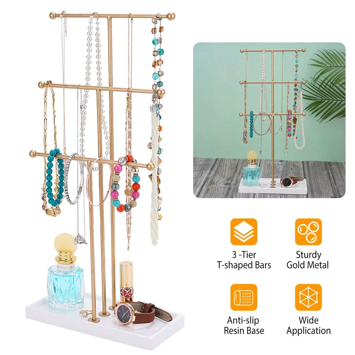 3-Tier Gold Metal Tabletop Jewelry Tree Stand - A-1 Thread Vault