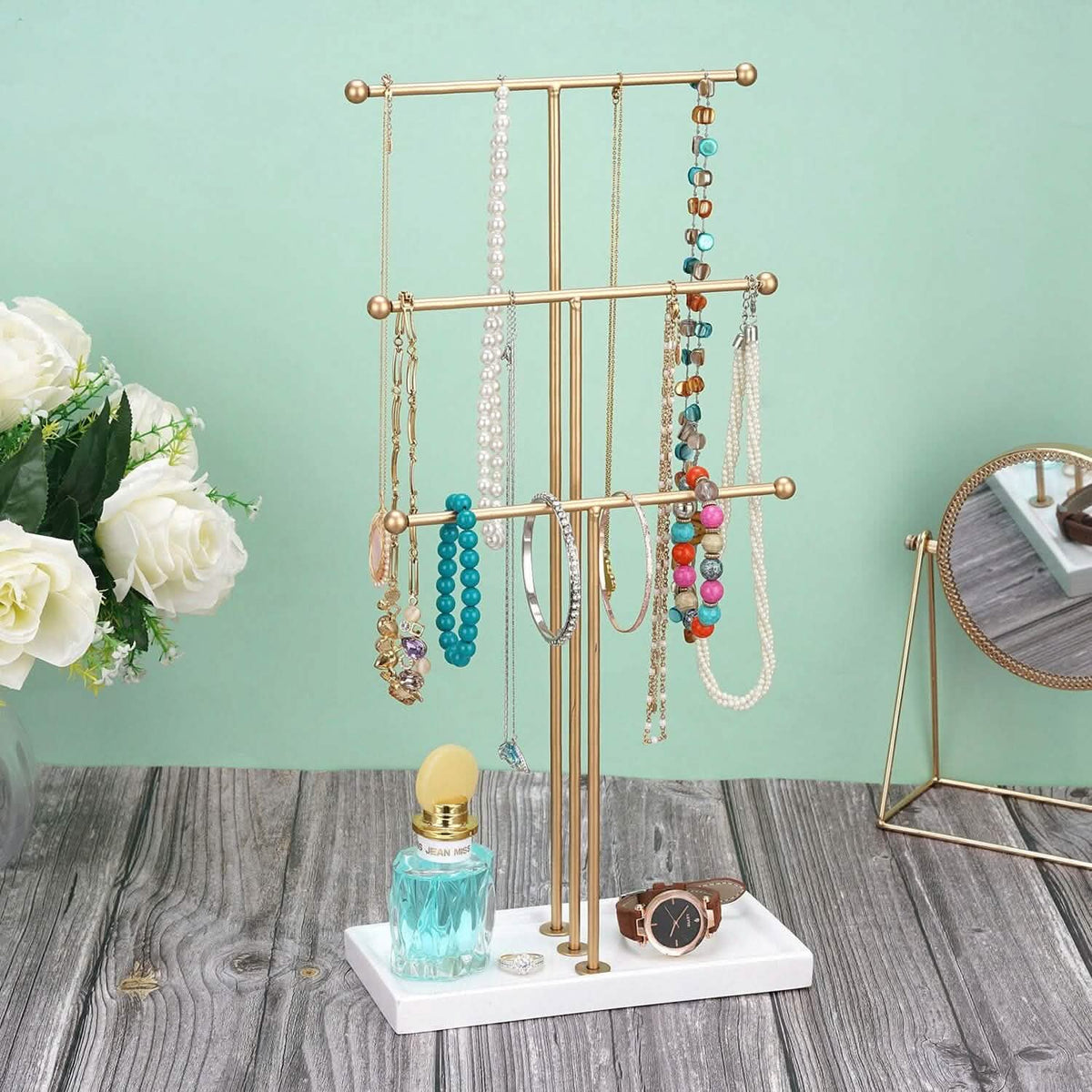 3-Tier Gold Metal Tabletop Jewelry Tree Stand - A-1 Thread Vault