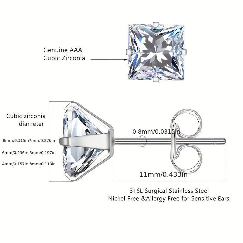 316 Stainless Steel Square Stud Earrings with Cubic Zirconia Accents - A-1 Thread Vault