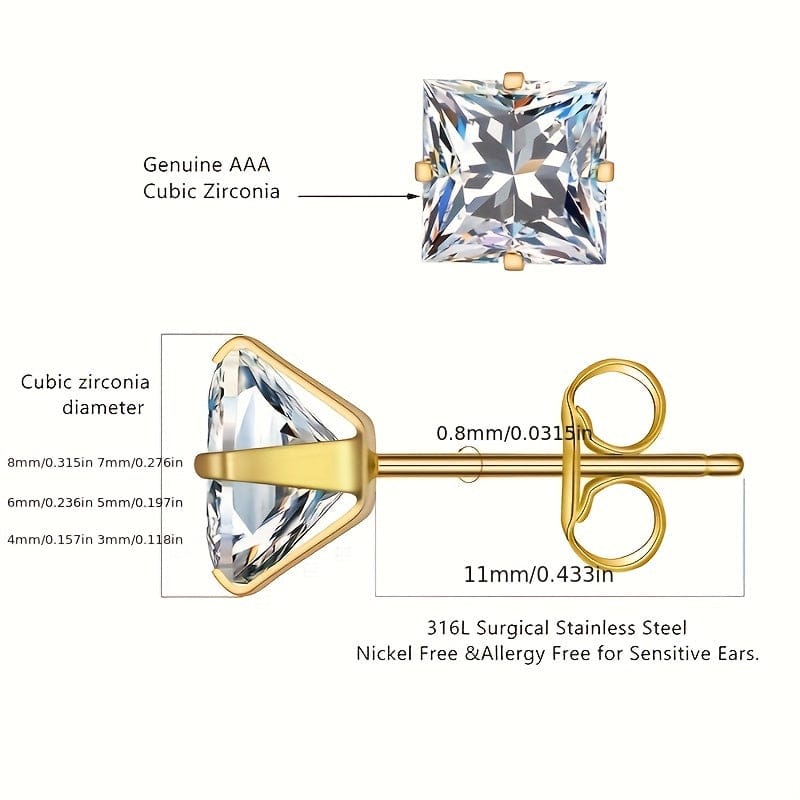 316 Stainless Steel Square Stud Earrings with Cubic Zirconia Accents - A-1 Thread Vault