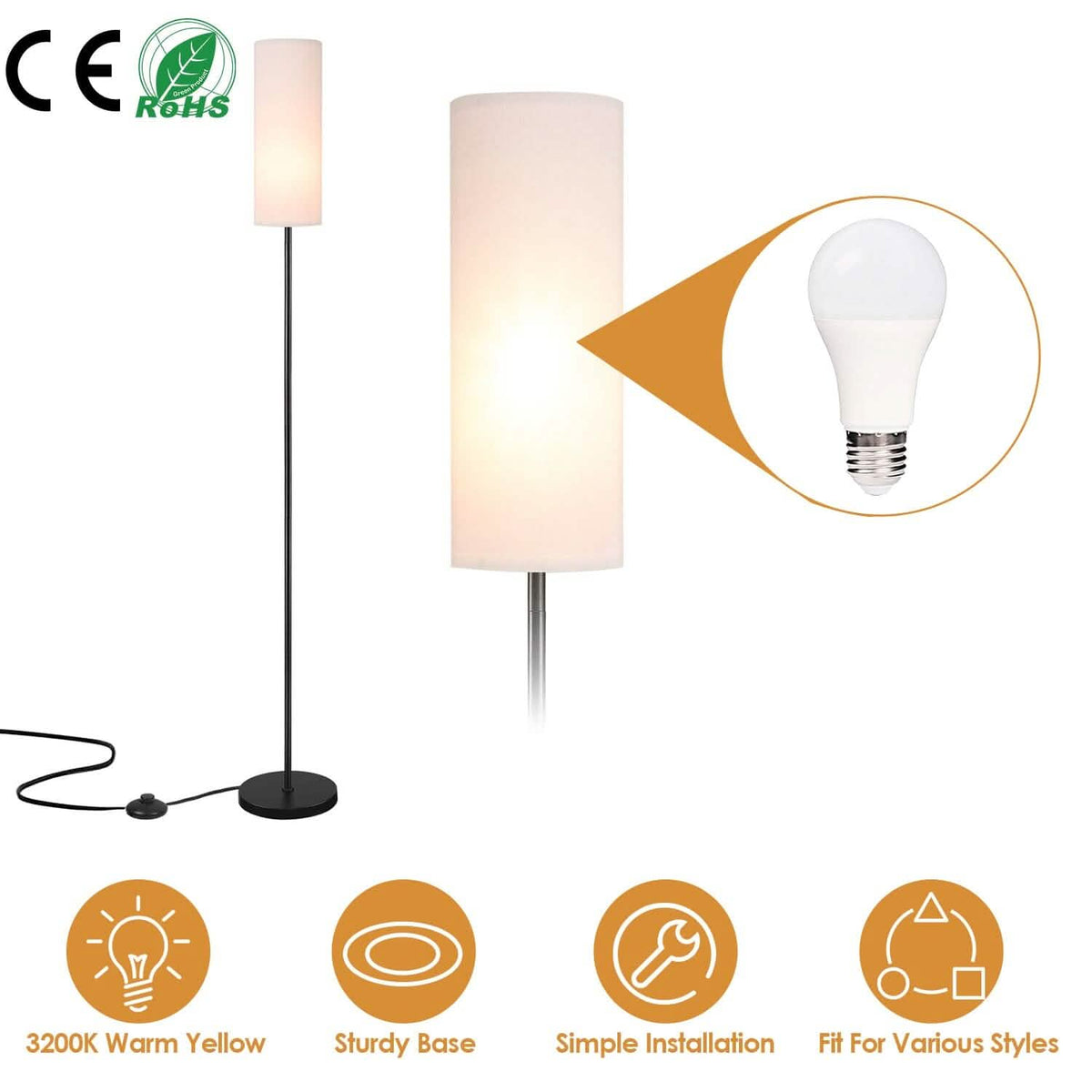 3200K Warm Yellow Light Modern Standing Lamp with Foot Switch 6W Bulb - A-1 Thread Vault