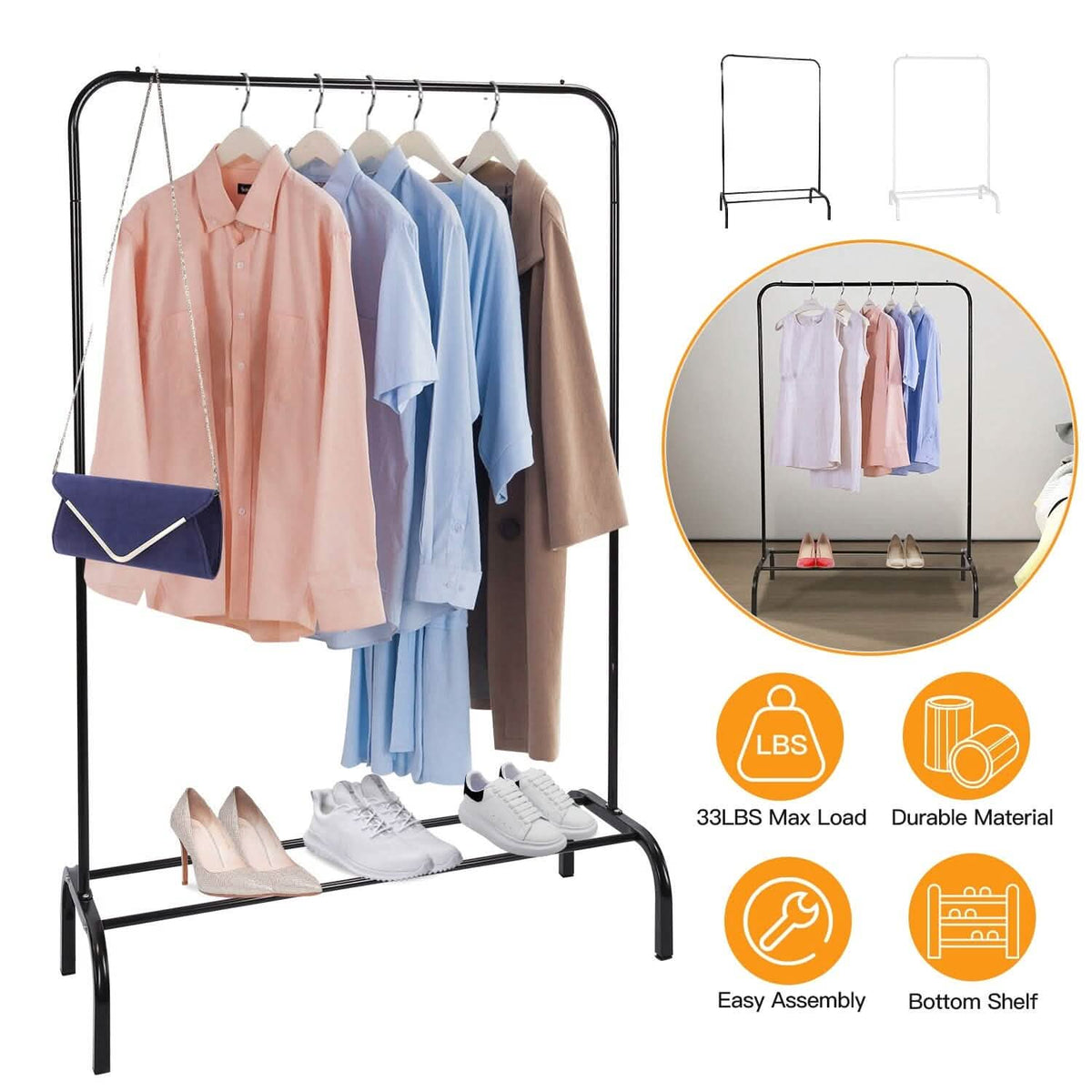 33Lbs Loading Garment Racks Freestanding with Bottom Shelf - A-1 Thread Vault