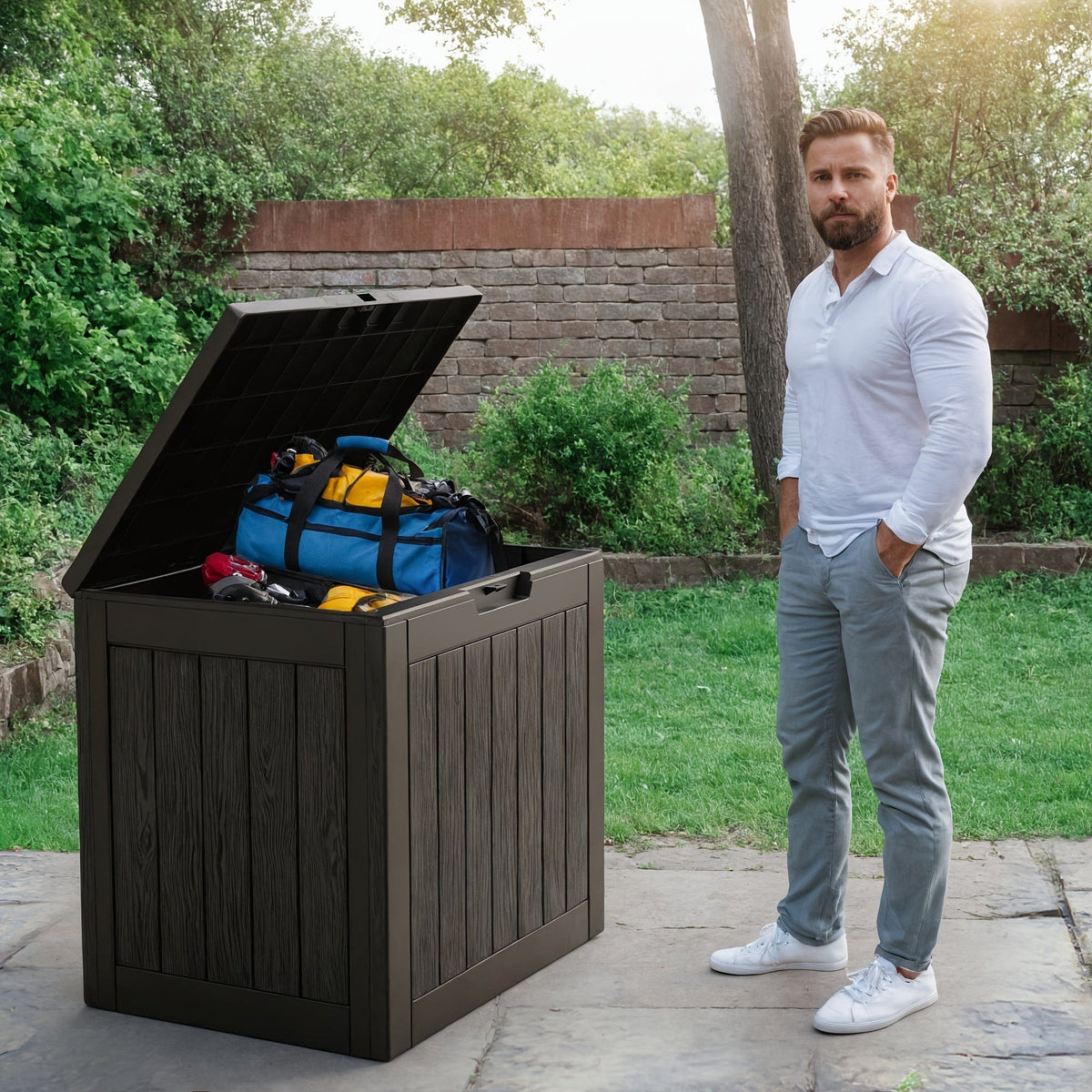 35 Gallon Outdoor Resin Storage Box – Black/Wood Grain - A-1 Thread Vault