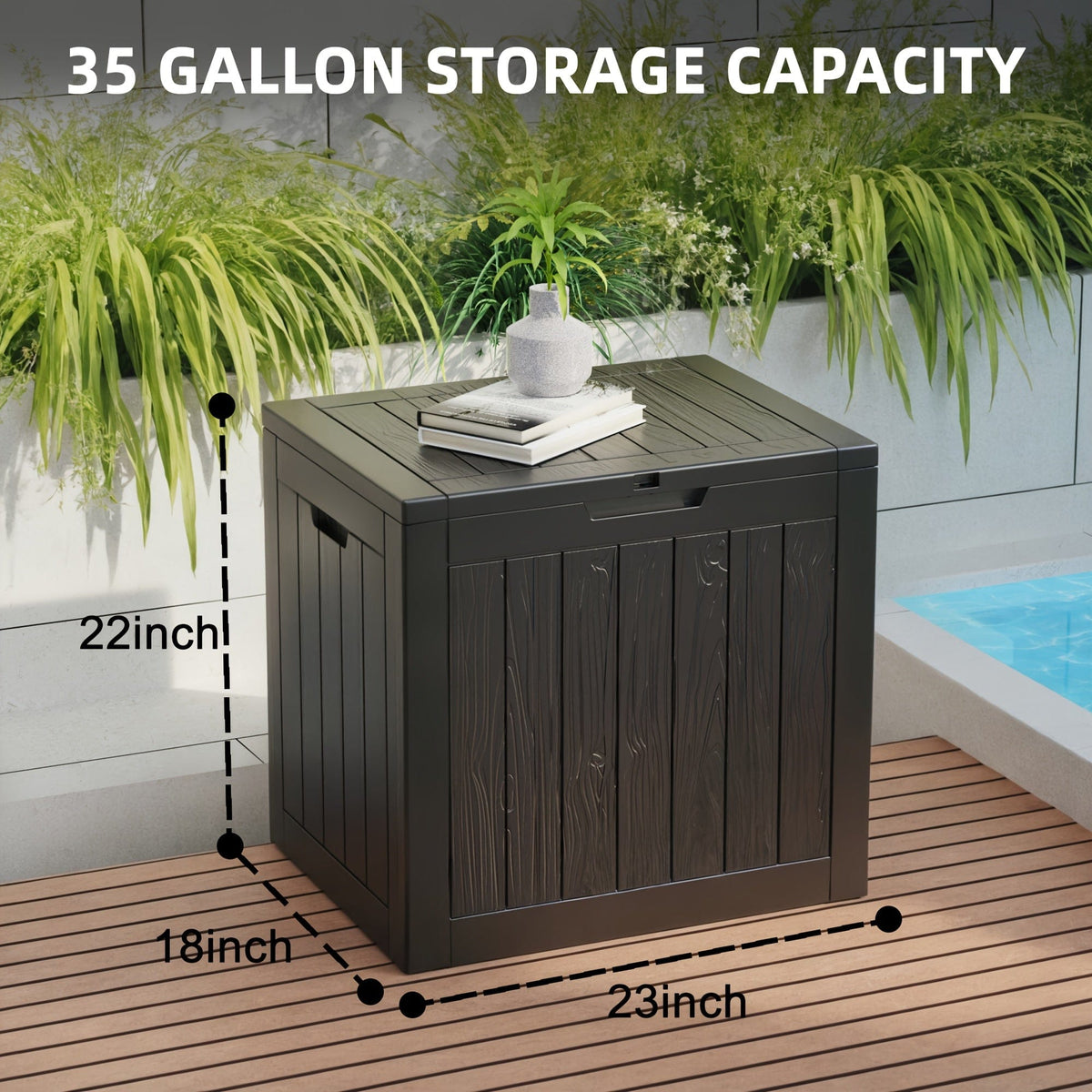 35 Gallon Outdoor Resin Storage Box – Black/Wood Grain - A-1 Thread Vault