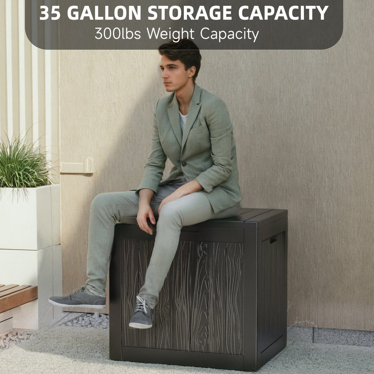 35 Gallon Outdoor Resin Storage Box – Black/Wood Grain - A-1 Thread Vault