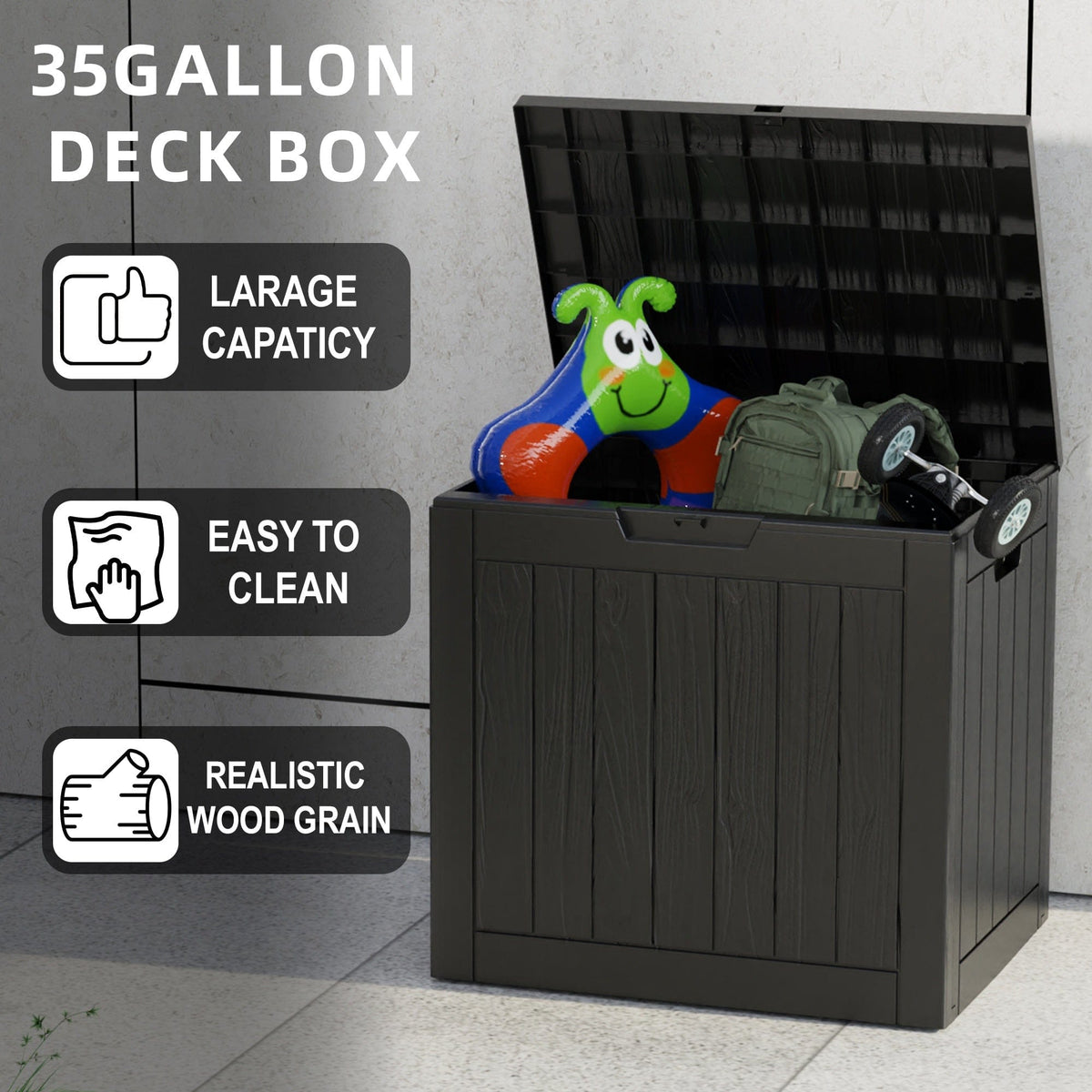 35 Gallon Outdoor Resin Storage Box – Black/Wood Grain - A-1 Thread Vault